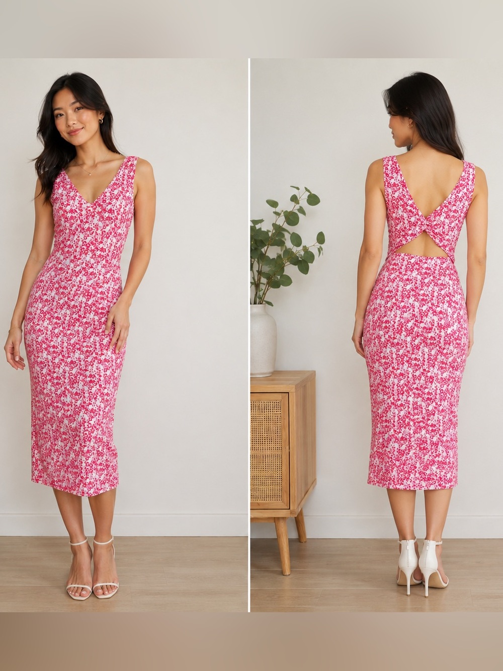 BCBG Pink‎ & White Floral V-Neck Midi Dress Size XL 16/18
